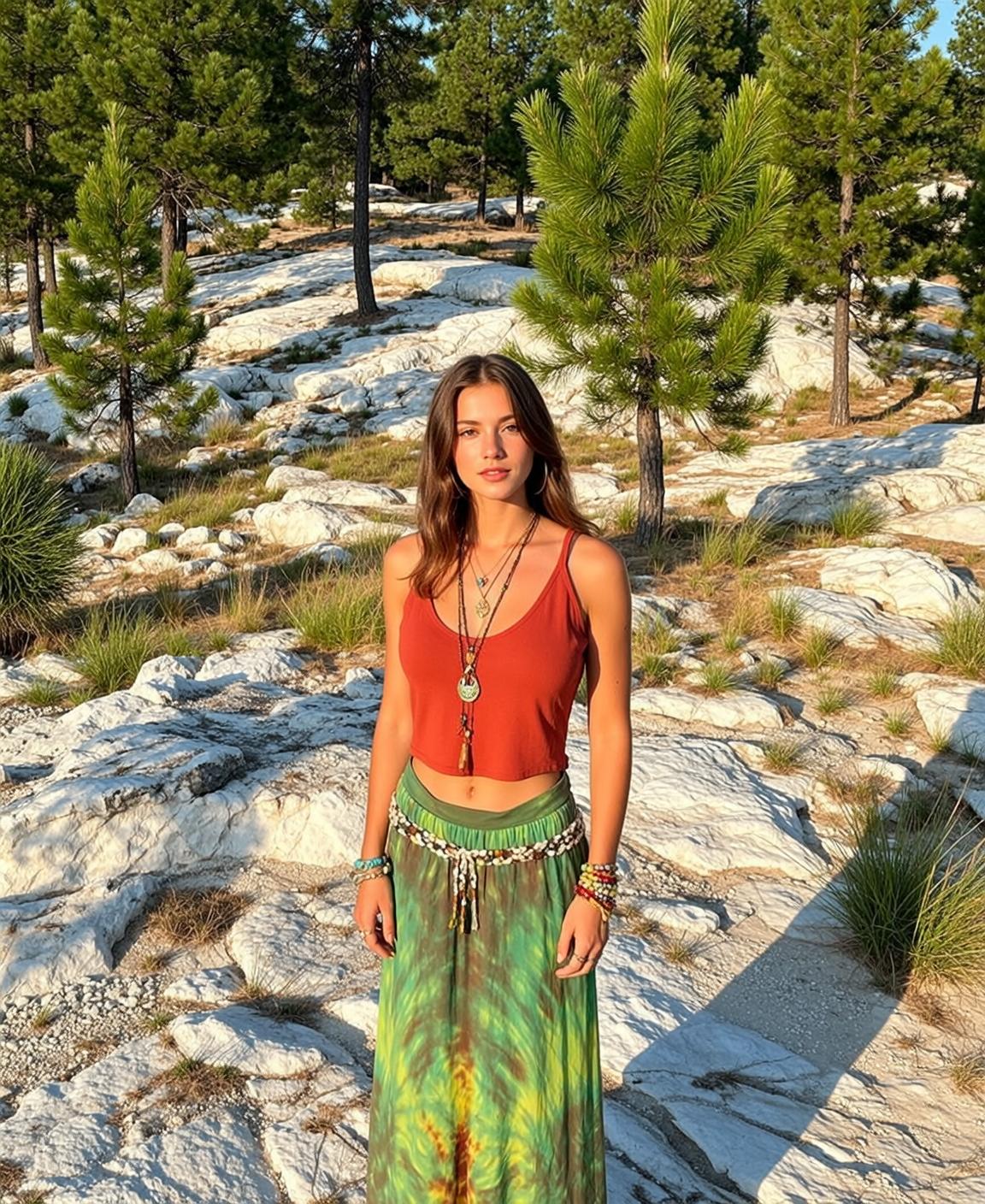 Orange Crop Top Green Maxi Skirt Rocky Landscape Golden Hour