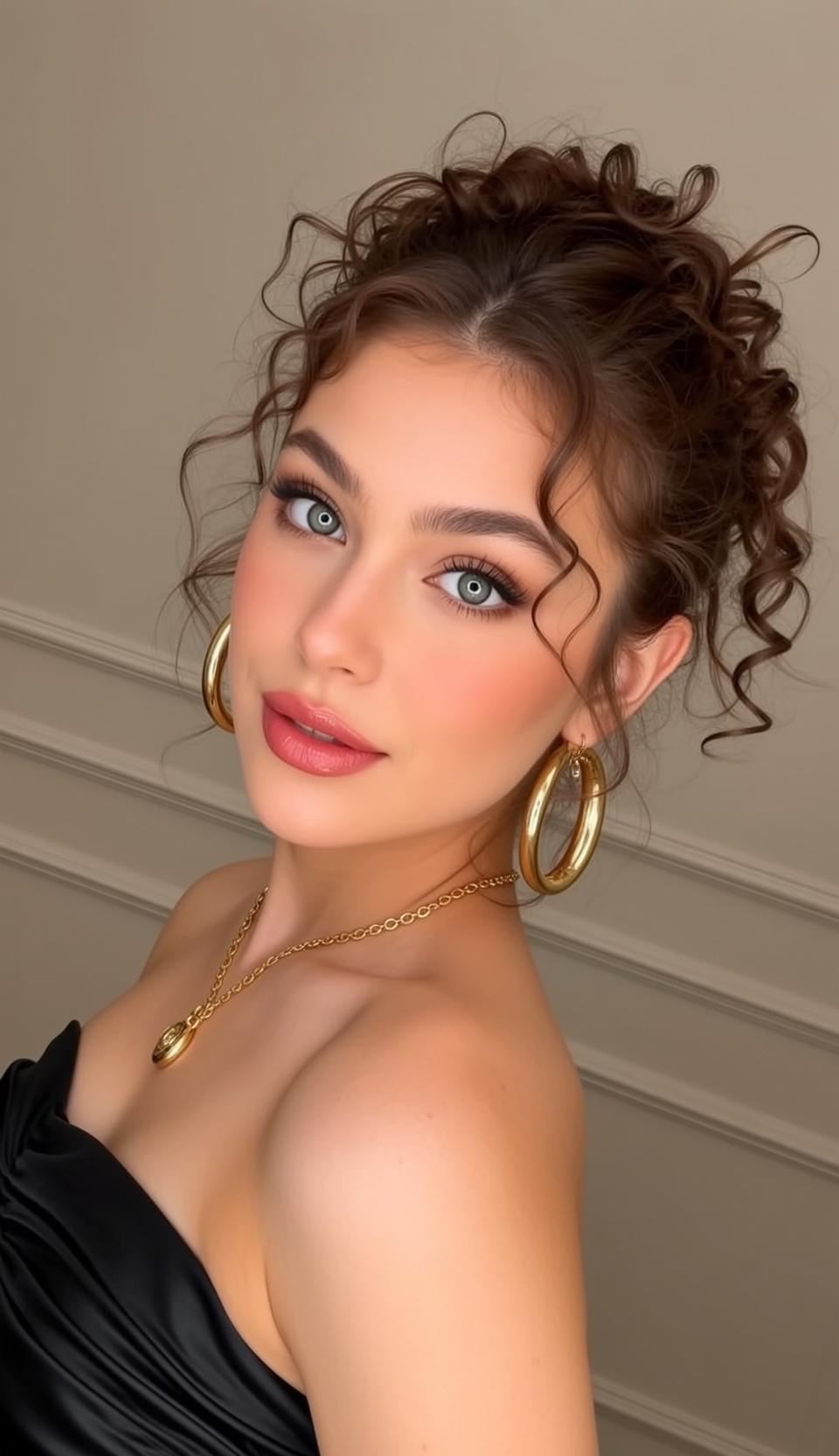 Young Woman Curly Brown Hair Black Dress Studio