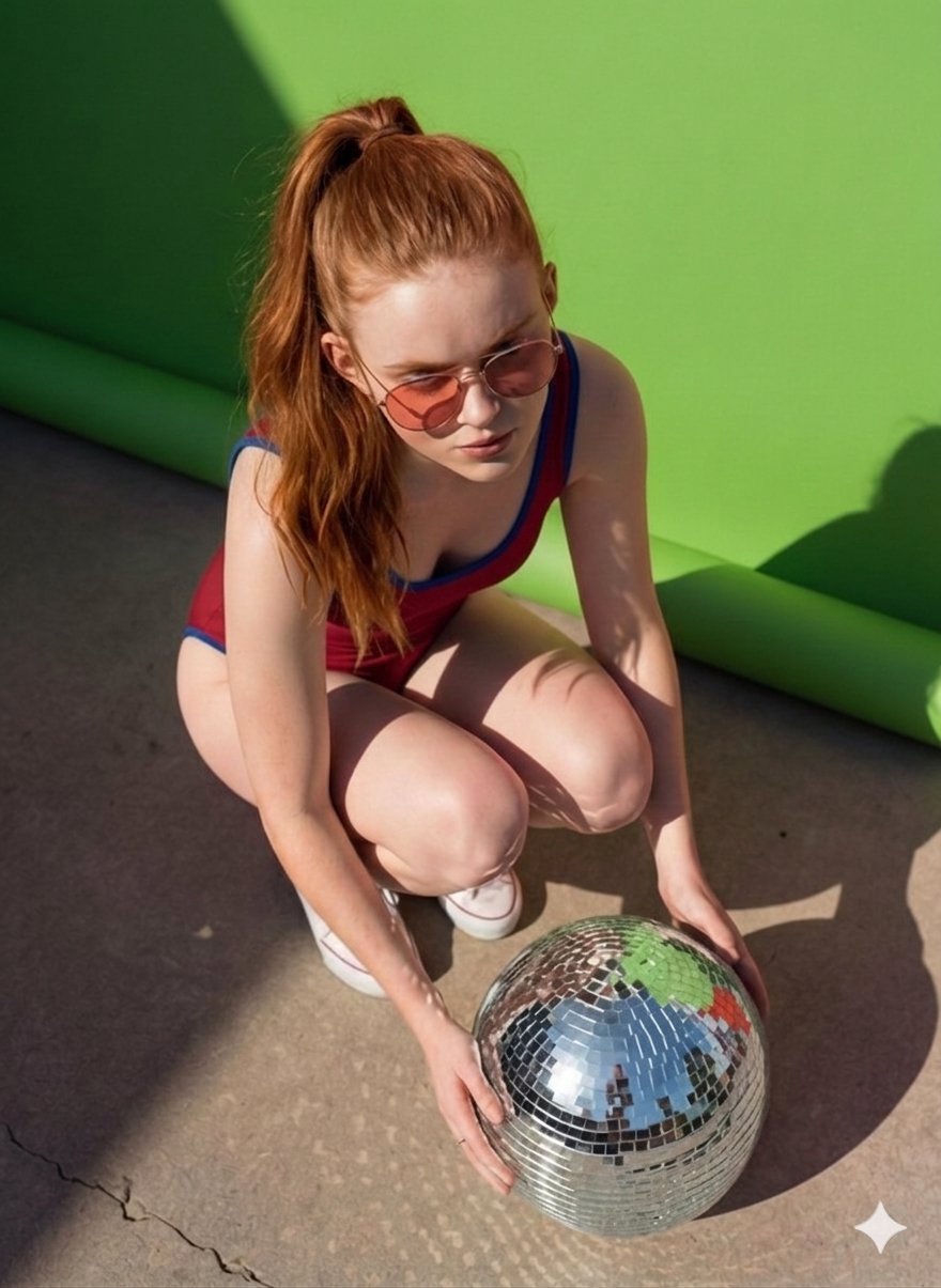 Crouching Woman Disco Ball Concrete Green Backdrop High Angle