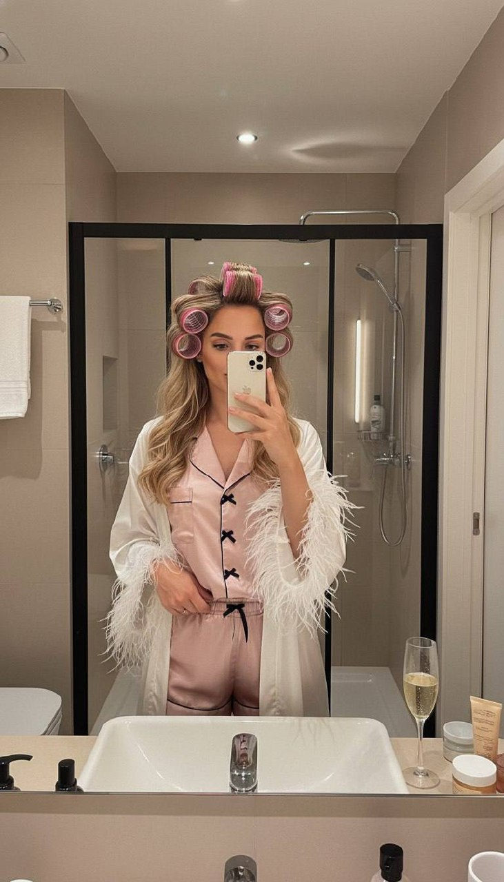 A woman taking a mirror selfie in a cozy bathroom with warm lighting, wearing a pink two-piece set and a silky feathered robe.
