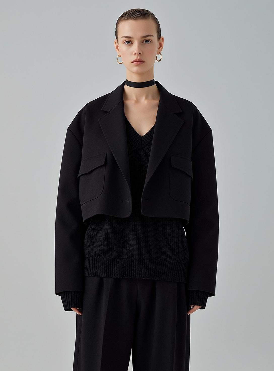 Black Blazer Gold Earrings Neutral Expression