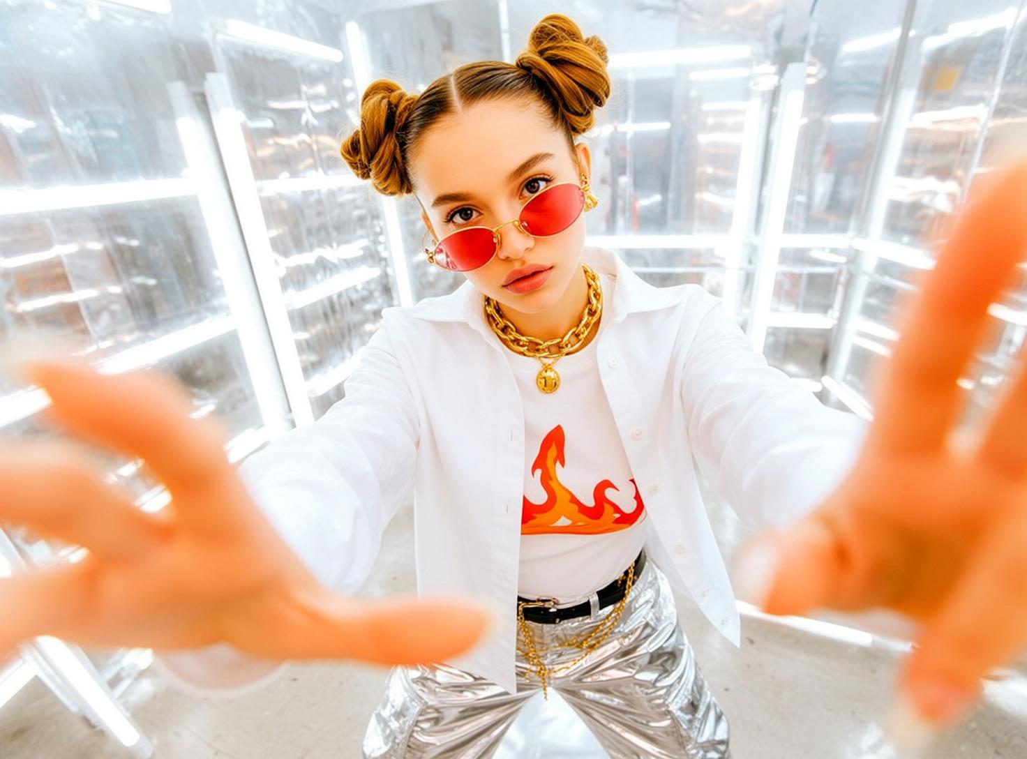 Studio Woman Space Buns Metallic Walls Neon Reflections