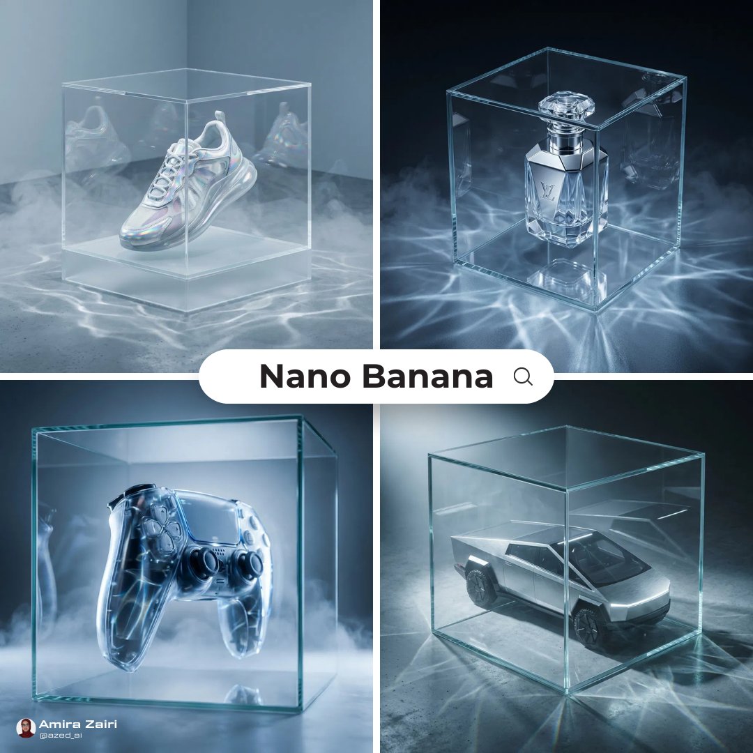 A macro shot of a product inside a glass cube, showcasing caustic light patterns and sharp reflections.