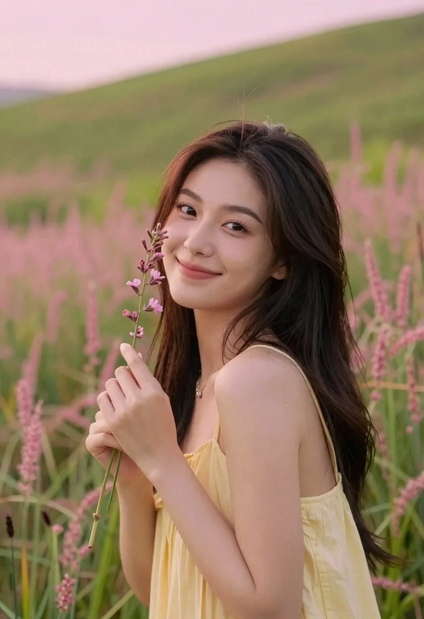 Young Woman With Dark Hair Stands Field Tall Pink And reference photo
