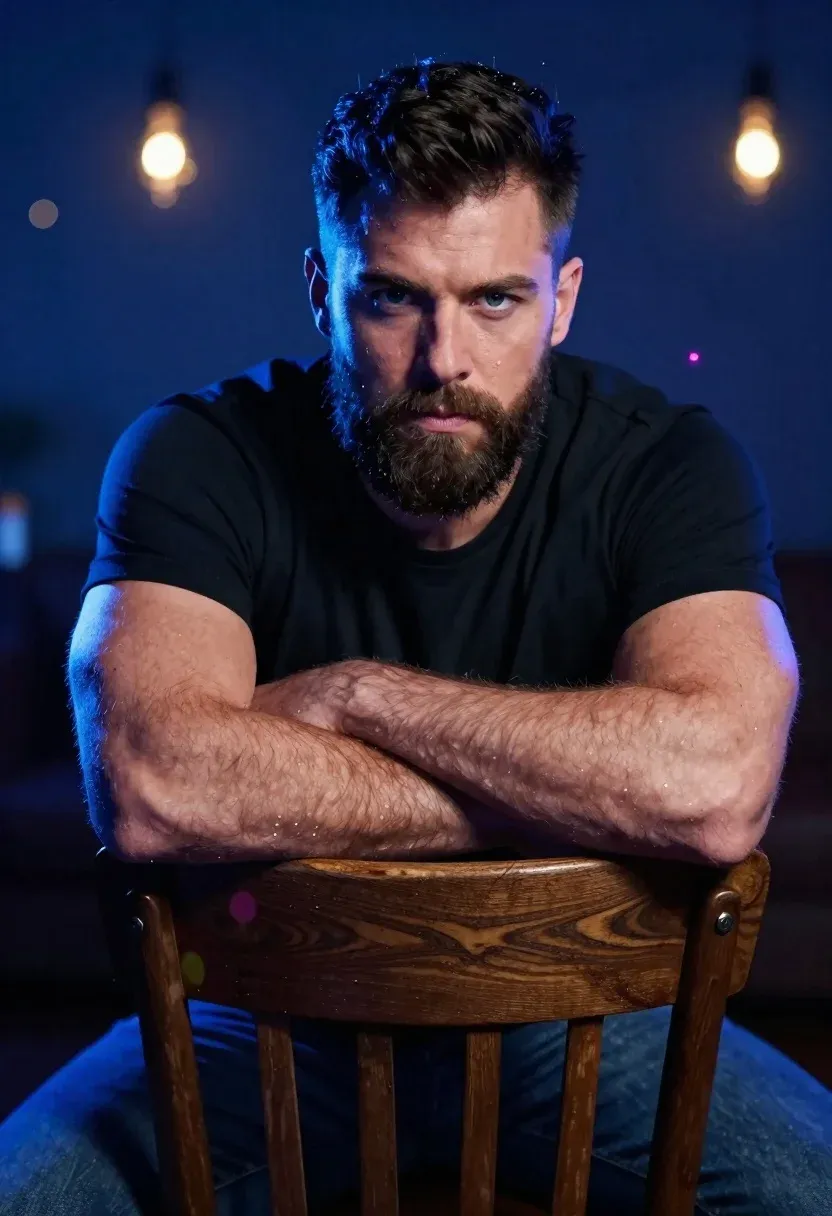 Handsome Man With Beard Sits Dimly Lit Room Gazing Directly