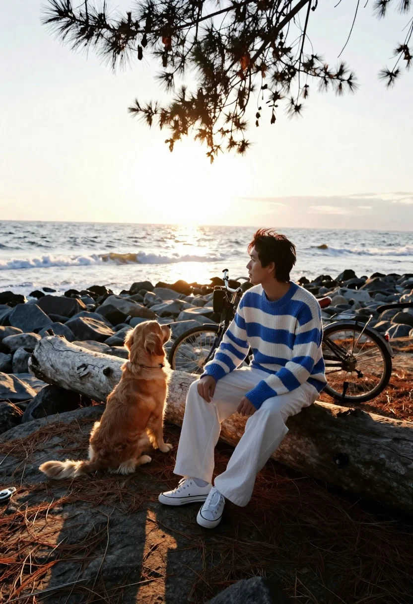 Man Sits Large Log Rocky Shore Next Golden Retriever Dog