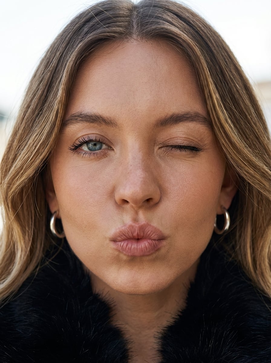 Close-up portrait of a woman winking, wearing a faux fur collar and silver hoop earrings against a softly blurred outdoor background.