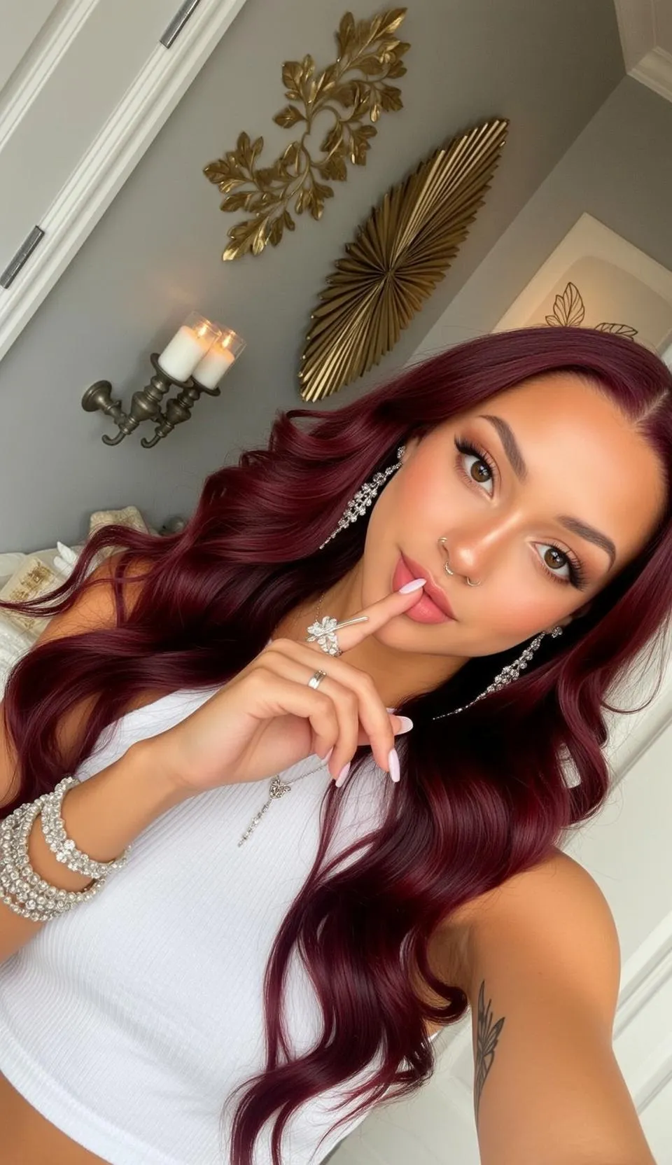 Portrait With Piercings Makeup Earrings Necklace Bracelets Rings And Nails