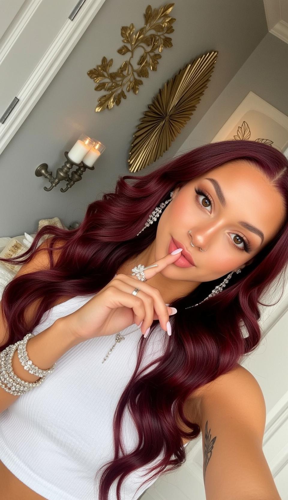 Burgundy Hair Shushing Gesture White Crop Top
