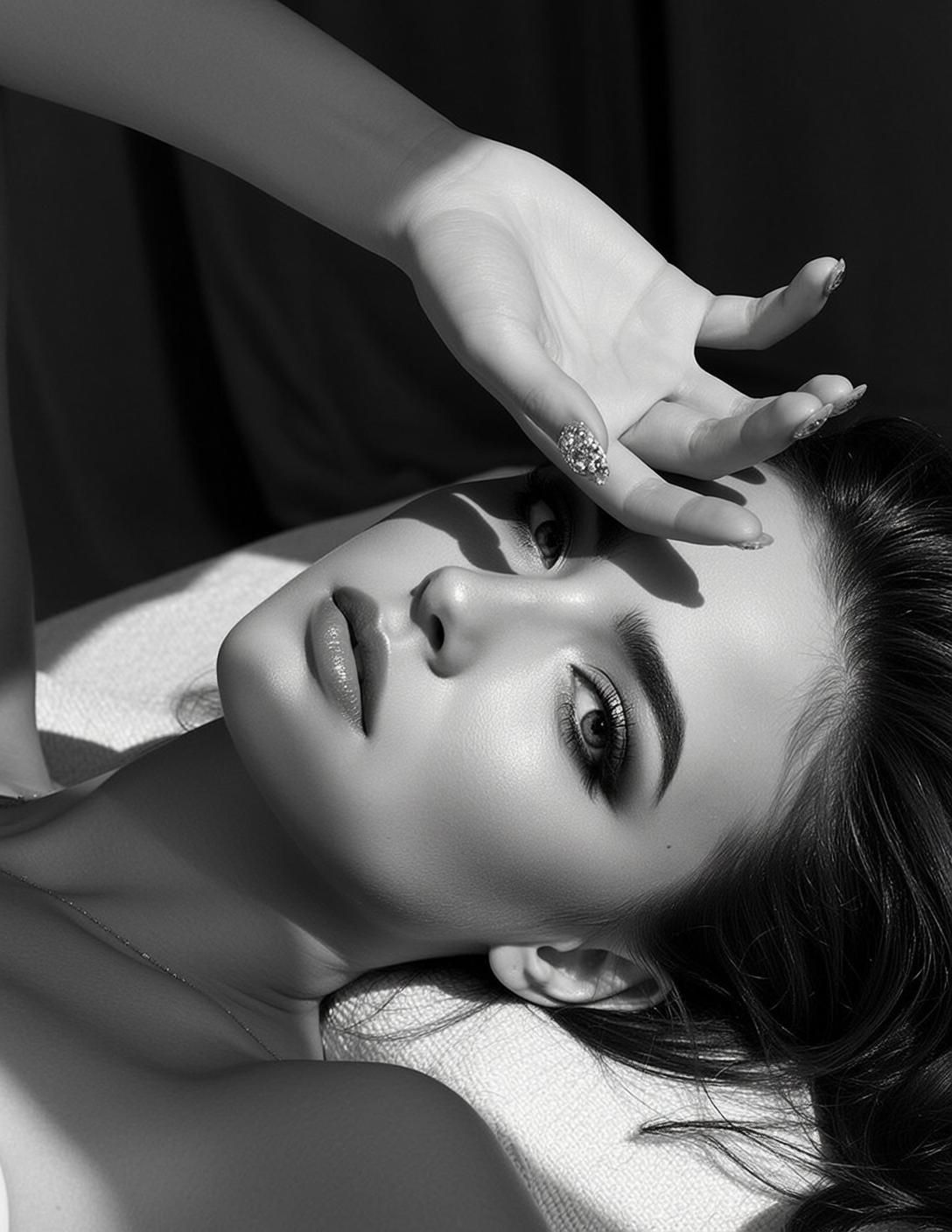 High-angle Close-up Black And White Portrait Young Woman Lying Down