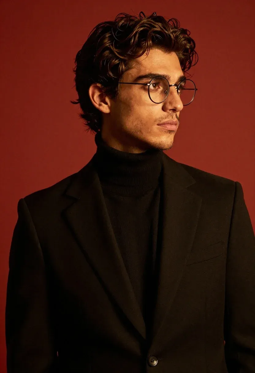 Polished Studio Portrait Stylish Young Man With Dark Brown Wavy