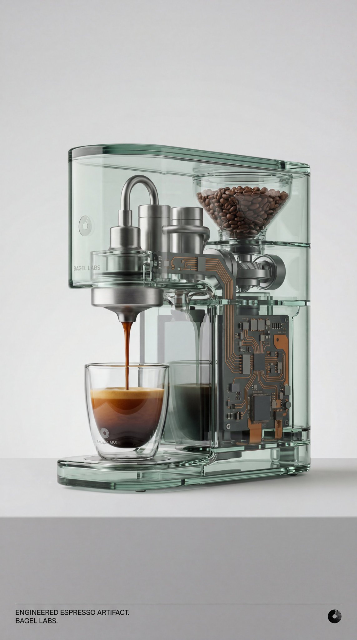 A glass espresso machine pouring rich coffee into a transparent cup, showcasing intricate internal components.