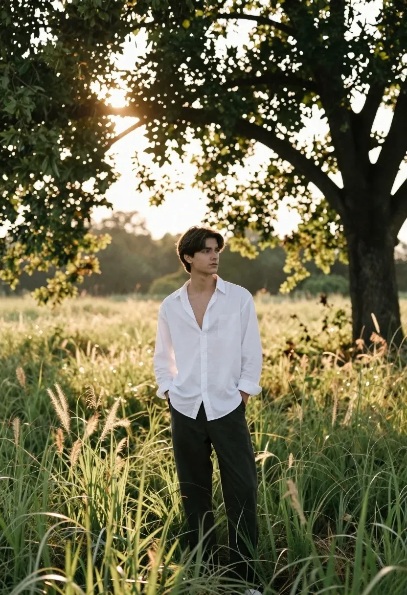 Young Man Stands Sun-drenched Grassy Field Under The Canopy Large