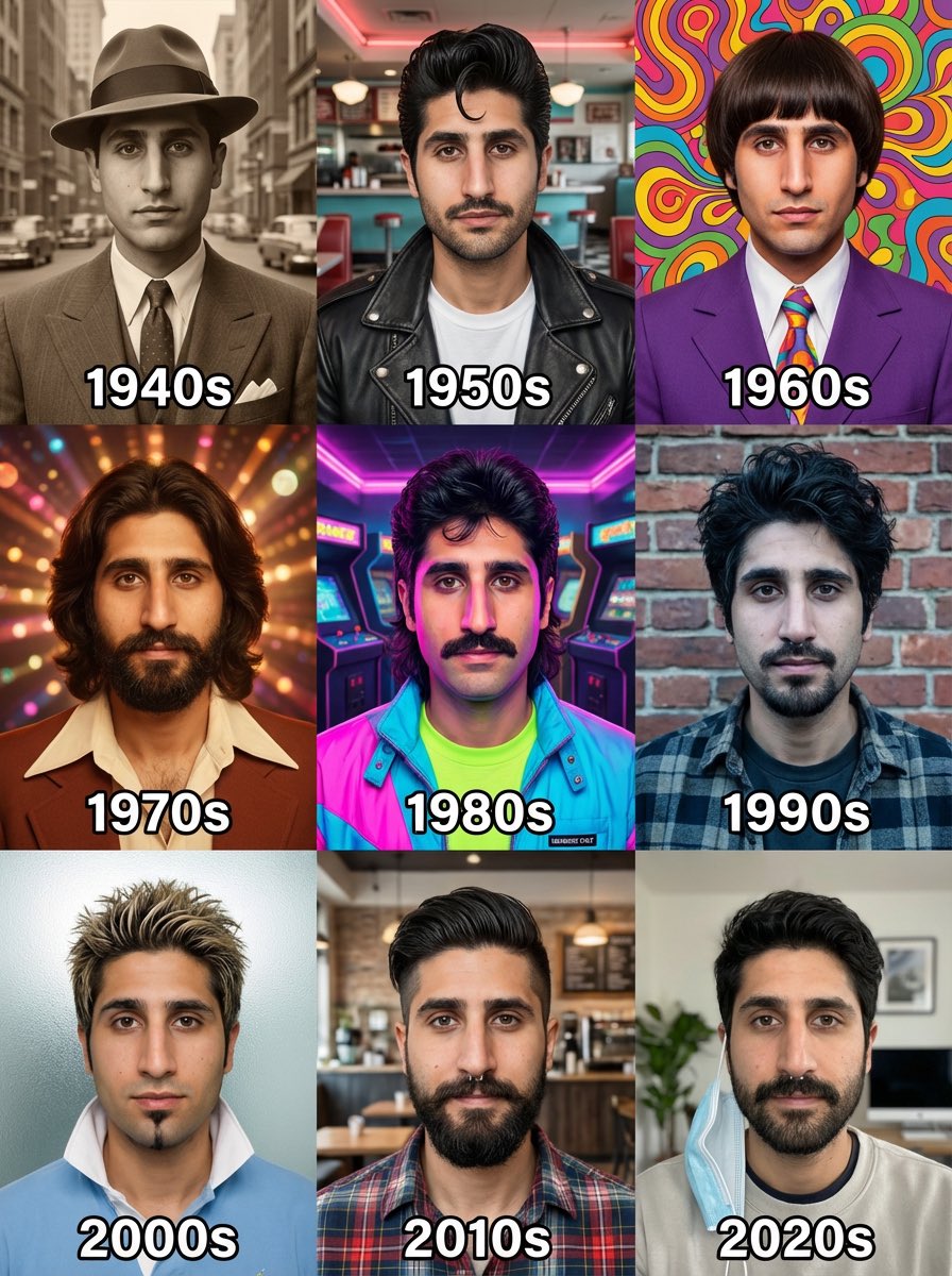 A 3x3 grid showcasing iconic hairstyles from each decade starting from the 1940s, featuring distinct clothing and backgrounds.