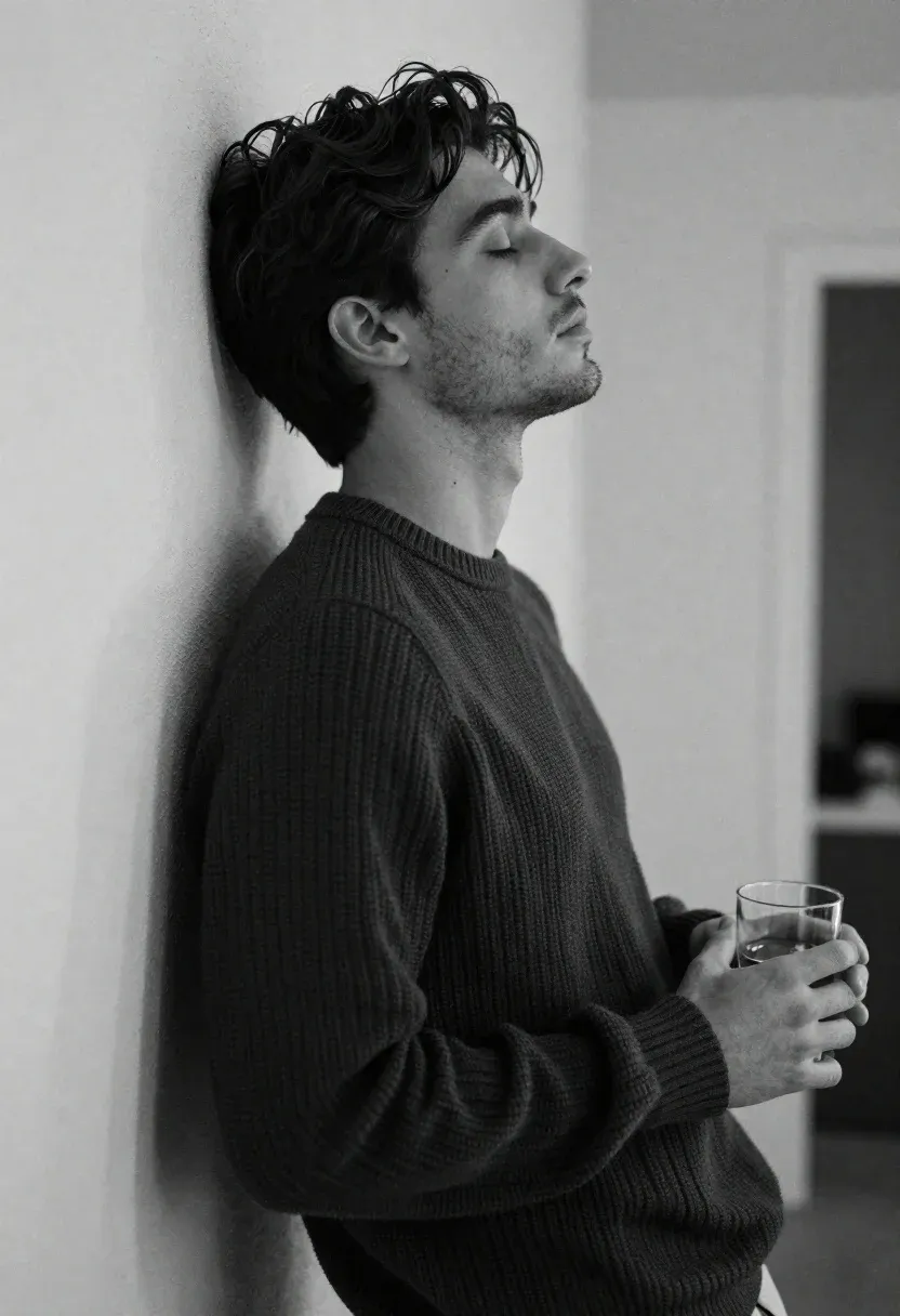 Black And White Portrait Young Man Profile Leaning Against Wall