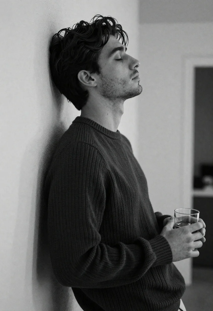 Black And White Portrait Young Man Profile Leaning Against Wall