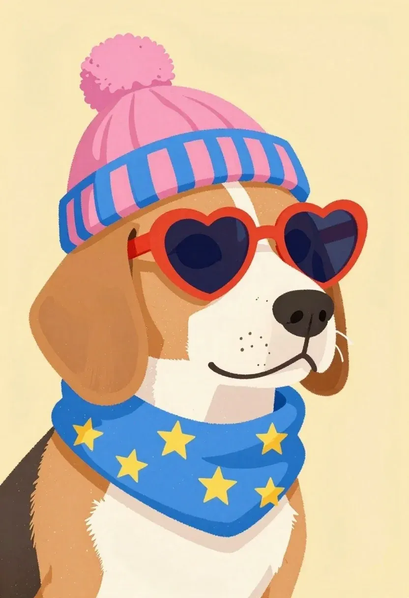 Digital Illustration Cool Beagle With Heart-shaped Sunglasses And Winter Accessories
