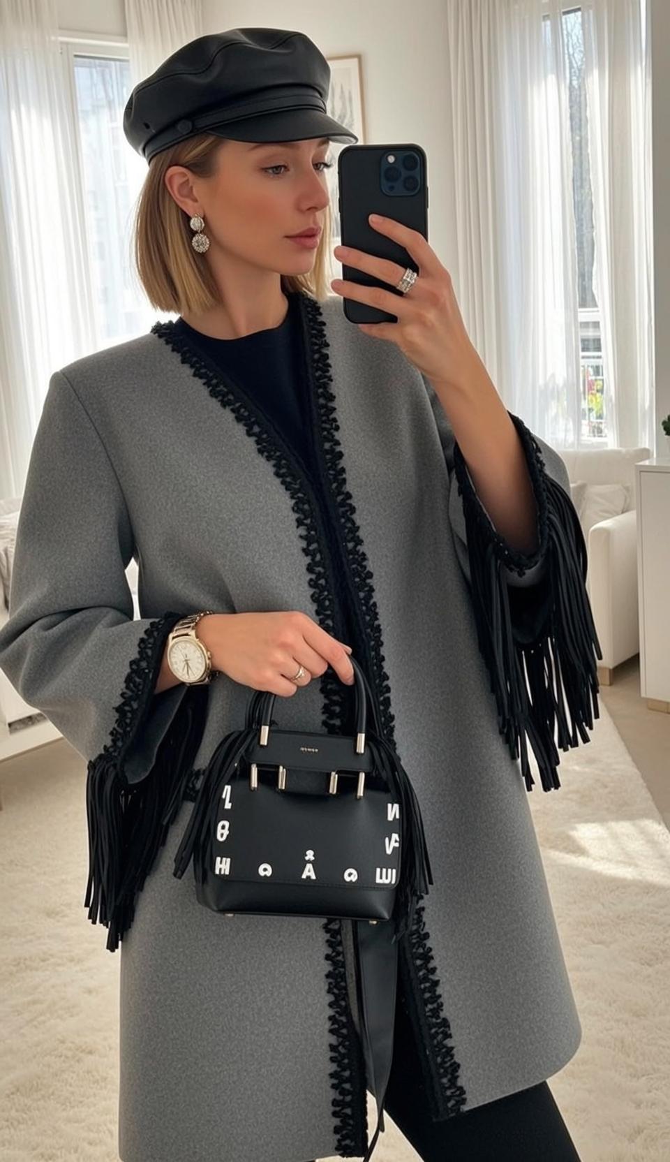Grey Fringe Coat Mirror Selfie