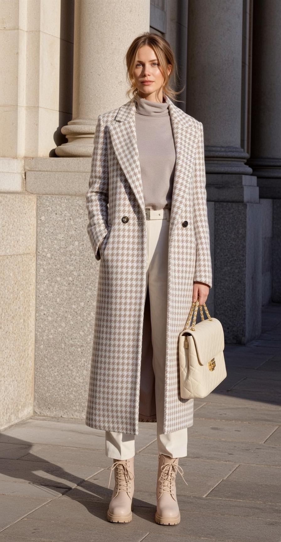 Blonde Woman Urban Fashion Houndstooth Coat Handbag
