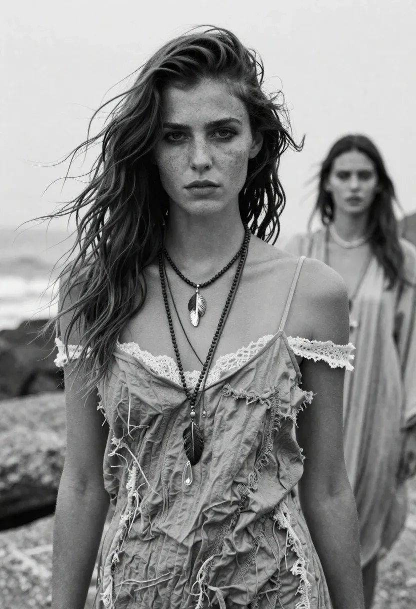 Monochrome Fashion Photograph Woman With Windswept Hair And Freckles Looking