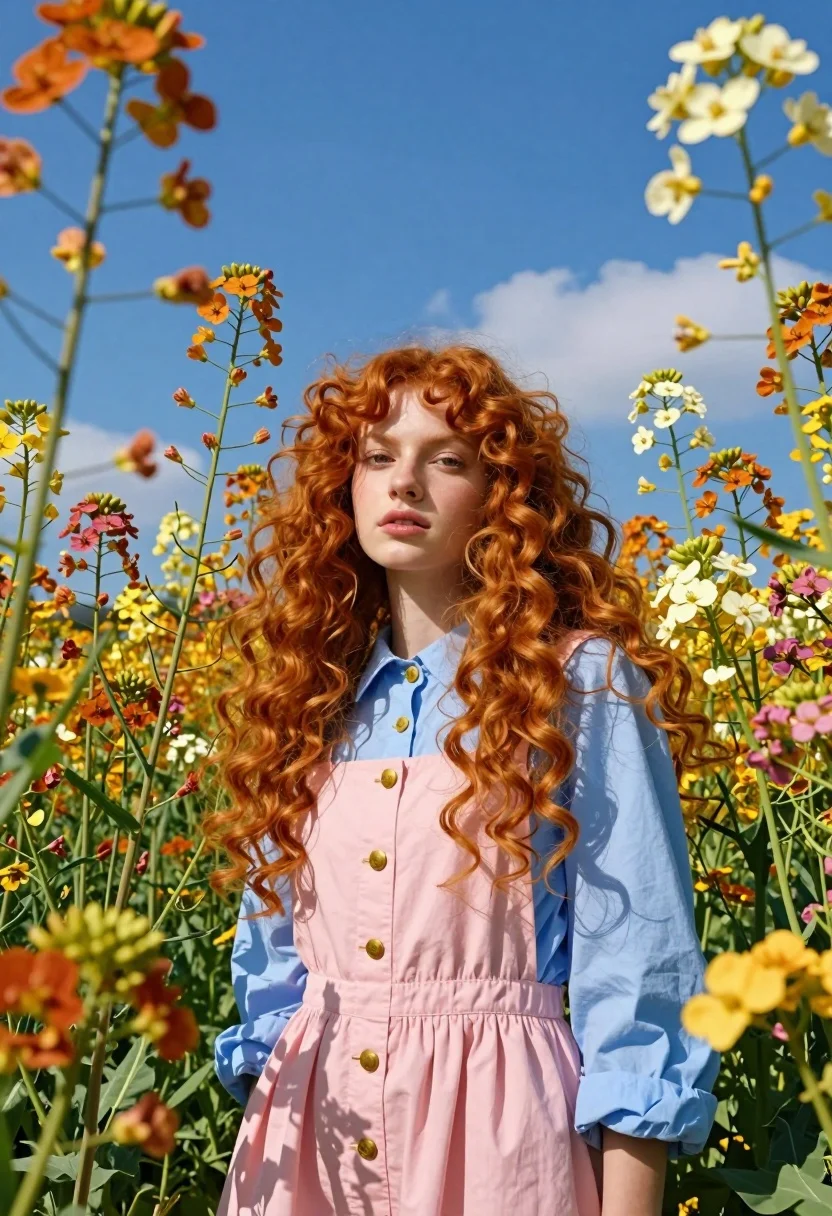 Young woman with voluminous red curly hair stands gracefully amidst a vibrant field of tall flowers under a bright blue sky, illuminated by sunlight.