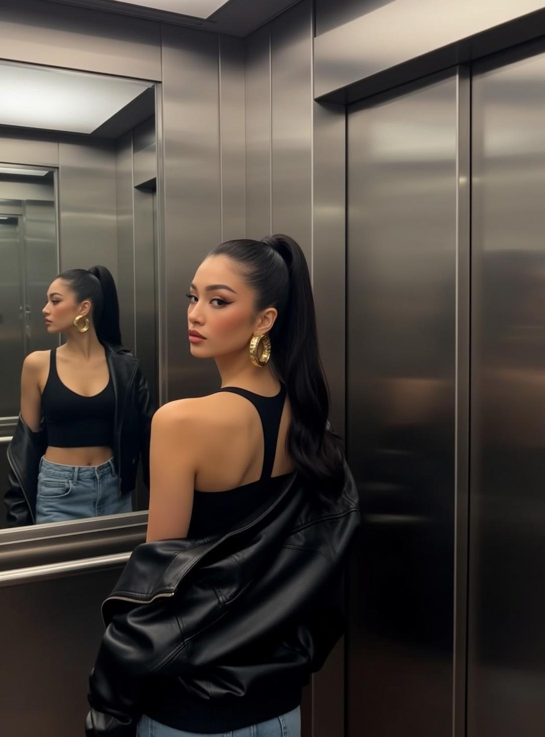 Explore Young Stands Elevator Her Body Angled