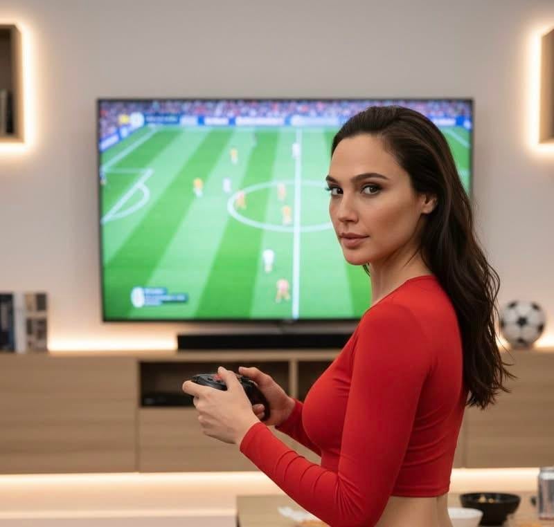 Red Top Holding Game Controller Soccer Pitch Background