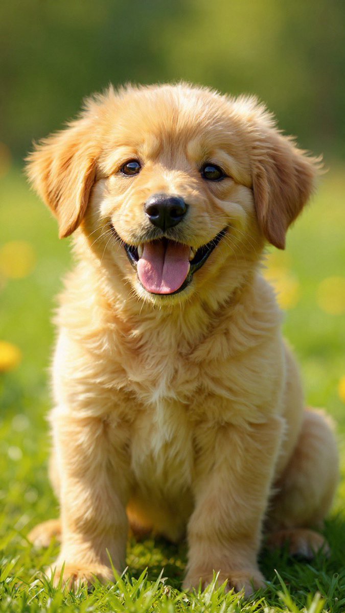 Adorable golden retriever puppy sitting on bright green grass under warm daylight, tongue out and playful sparkle in its eyes.