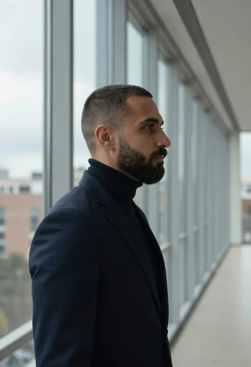 Cinematic Portrait Man Profile Looking Out Through Glass Window With