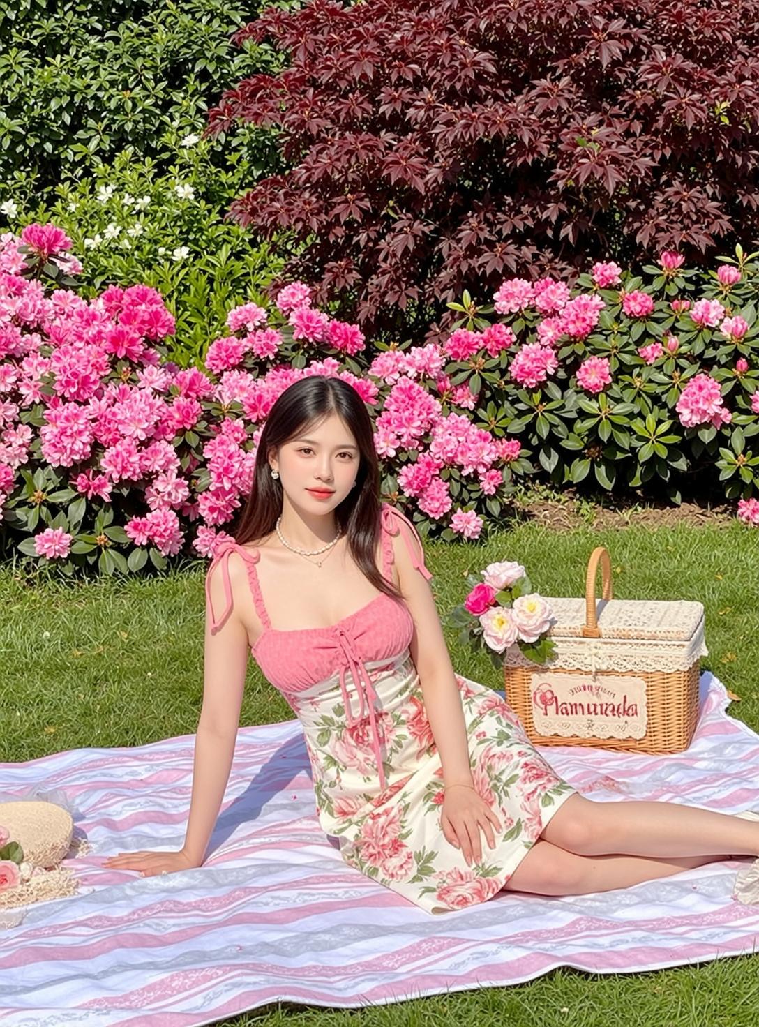 Cottagecore Seated Pink White Striped Picnic Blanket