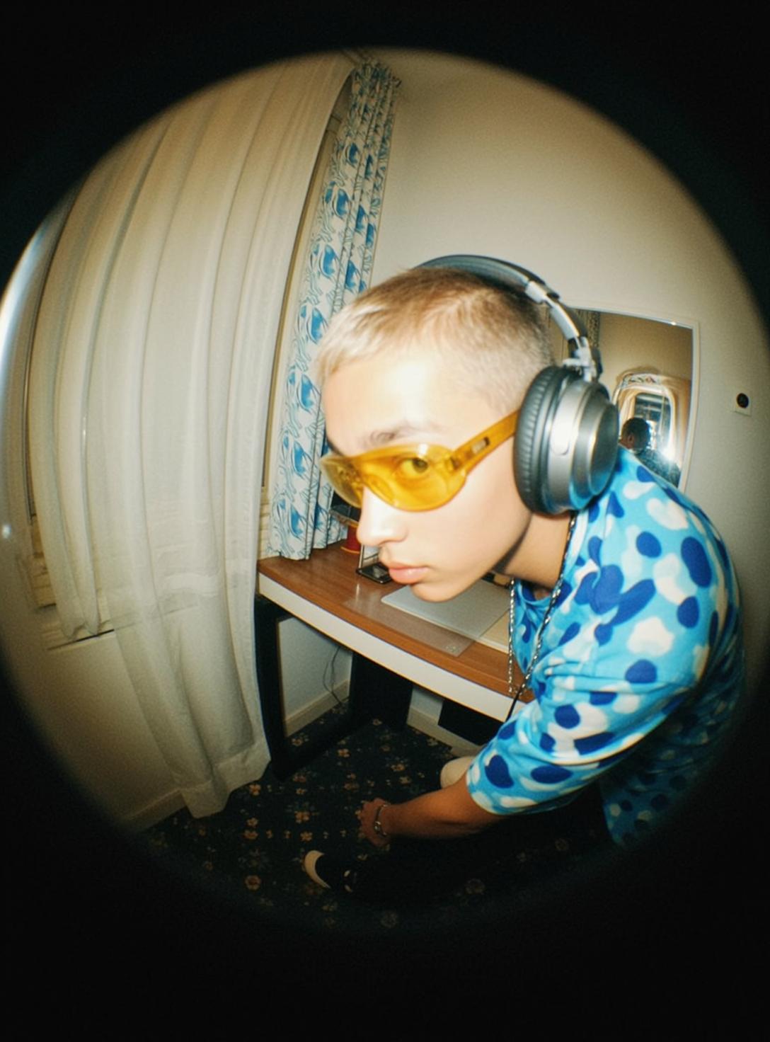 Yellow Sunglasses Headphones Pattern Shirt