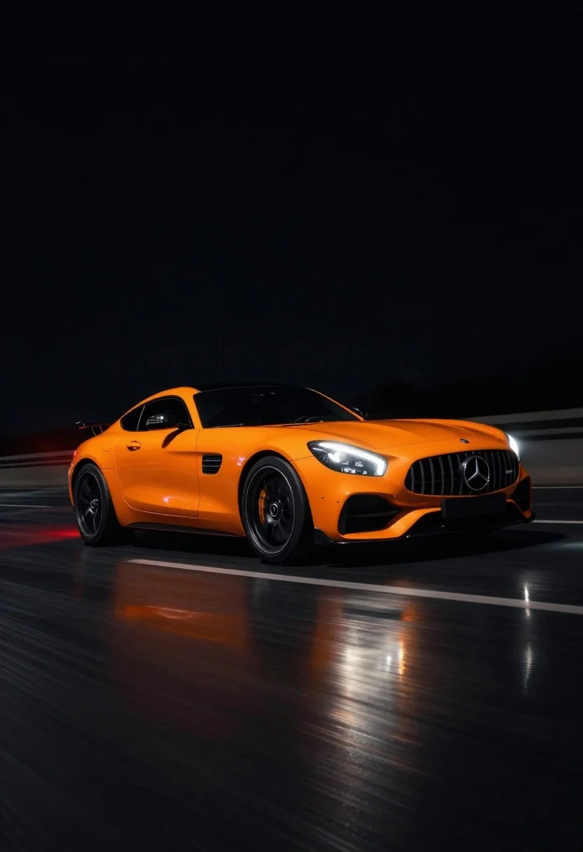 Hyper-realistic Digital Artwork Glowing Orange Mercedes-benz Amg Driving Dynamically Dark reference photo