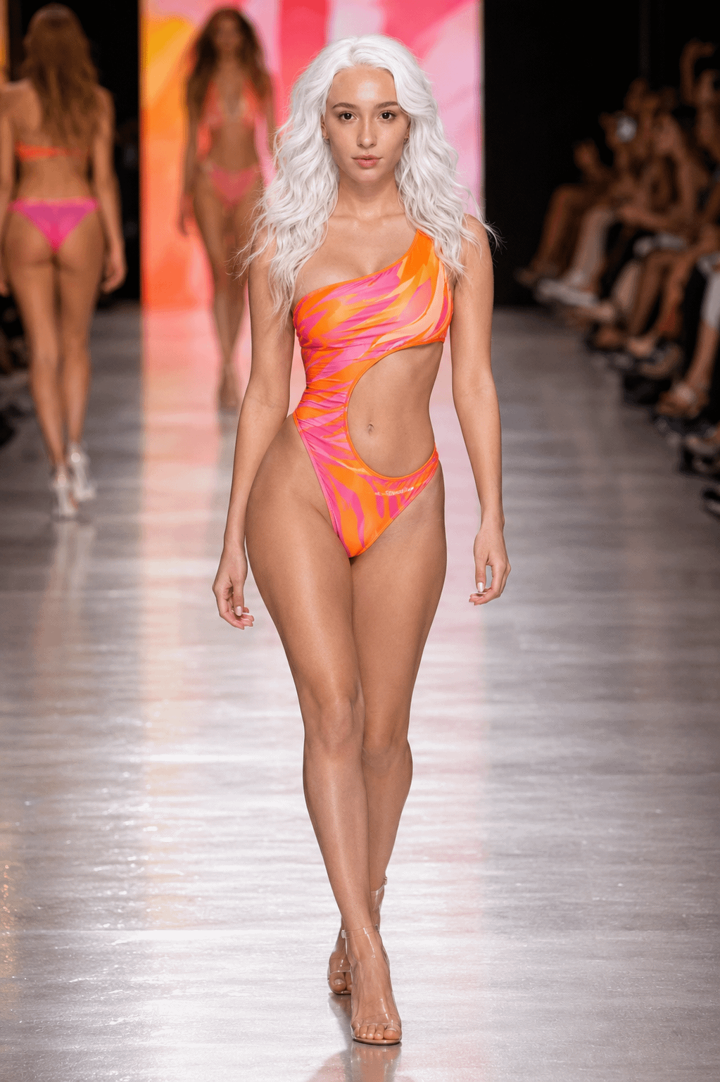 Runway Model Confident Stride Abstract Swimsuit