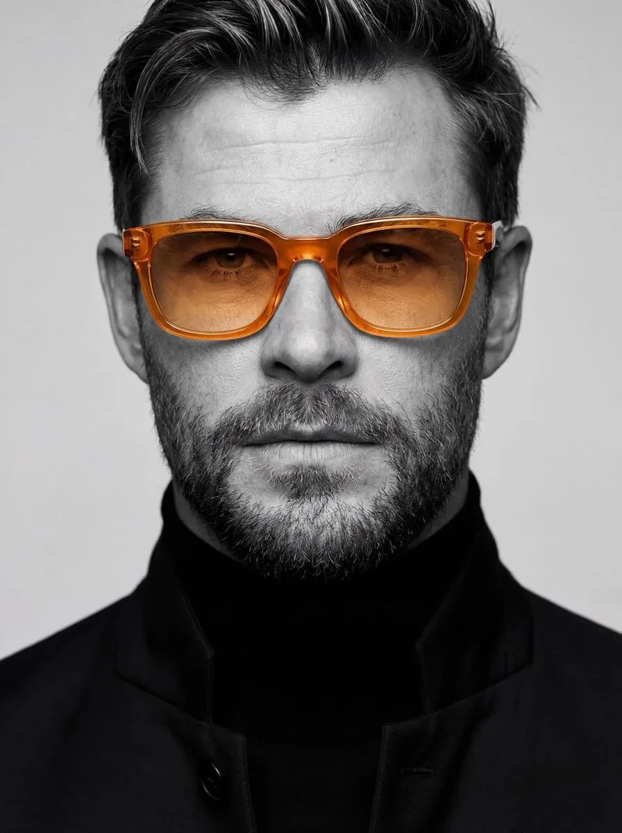 Black Turtleneck Dark Coat Amber Glasses Monochrome