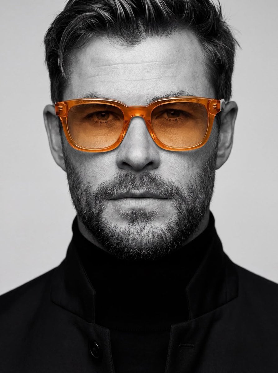 Black Turtleneck Dark Coat Amber Glasses Monochrome