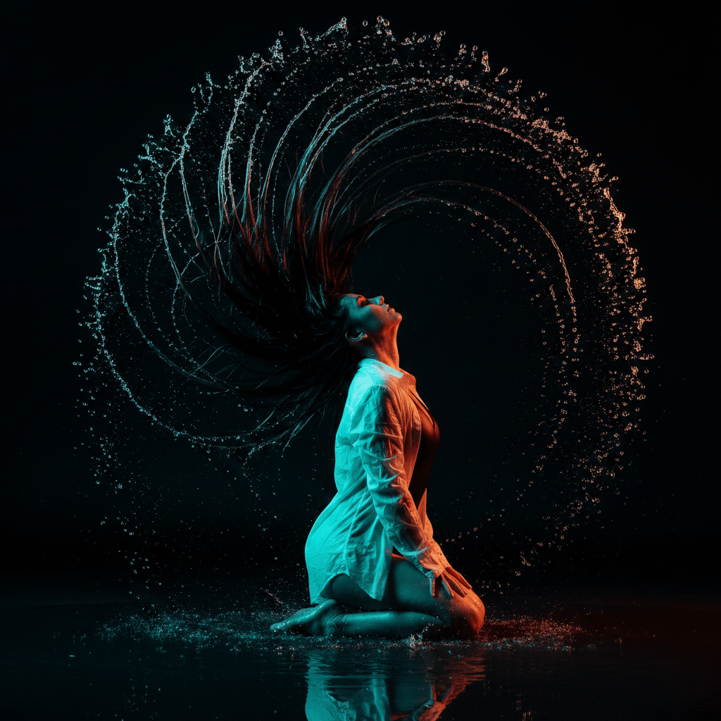 A woman kneeling on water, creating an arc of droplets, wearing a wet white shirt.