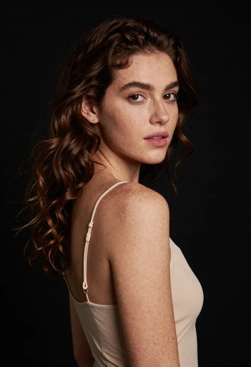 Soft Studio Portrait Young Woman With Wavy Brown Hair And reference photo