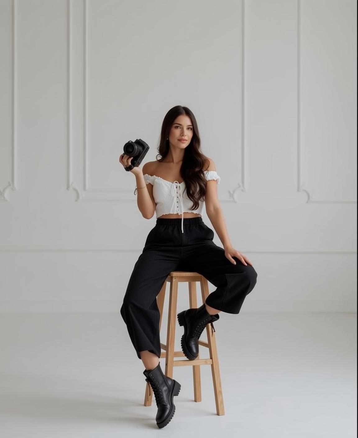 Creative Seated Light Wood Stool Holding Black