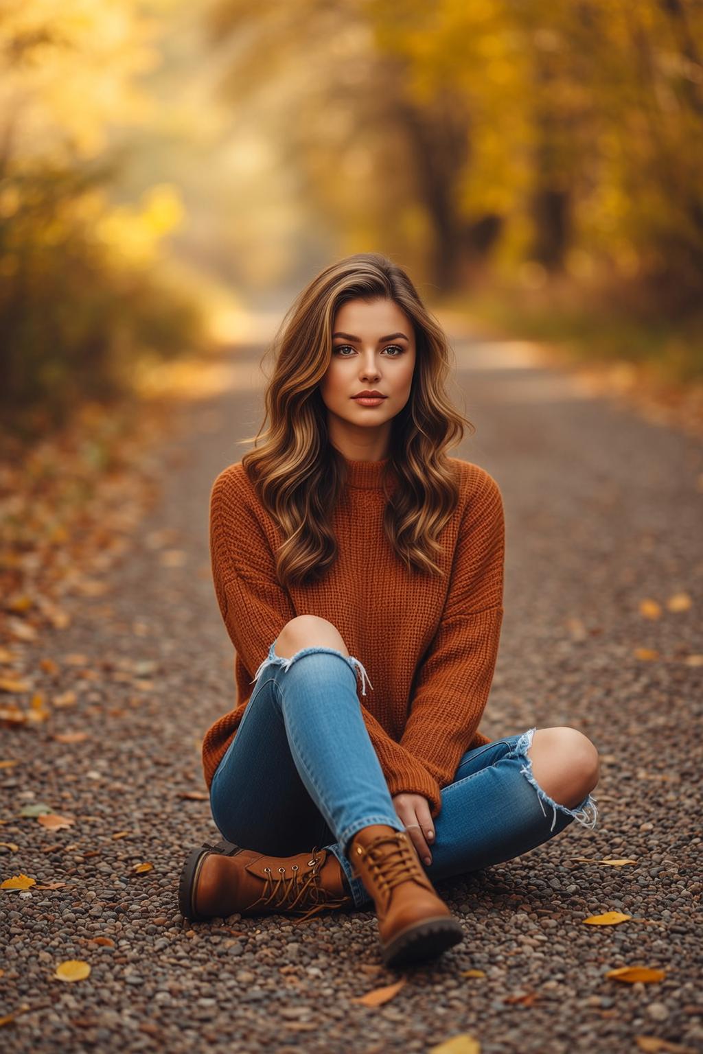 Autumn Sits Cross-legged Gravel Path Facing Directly