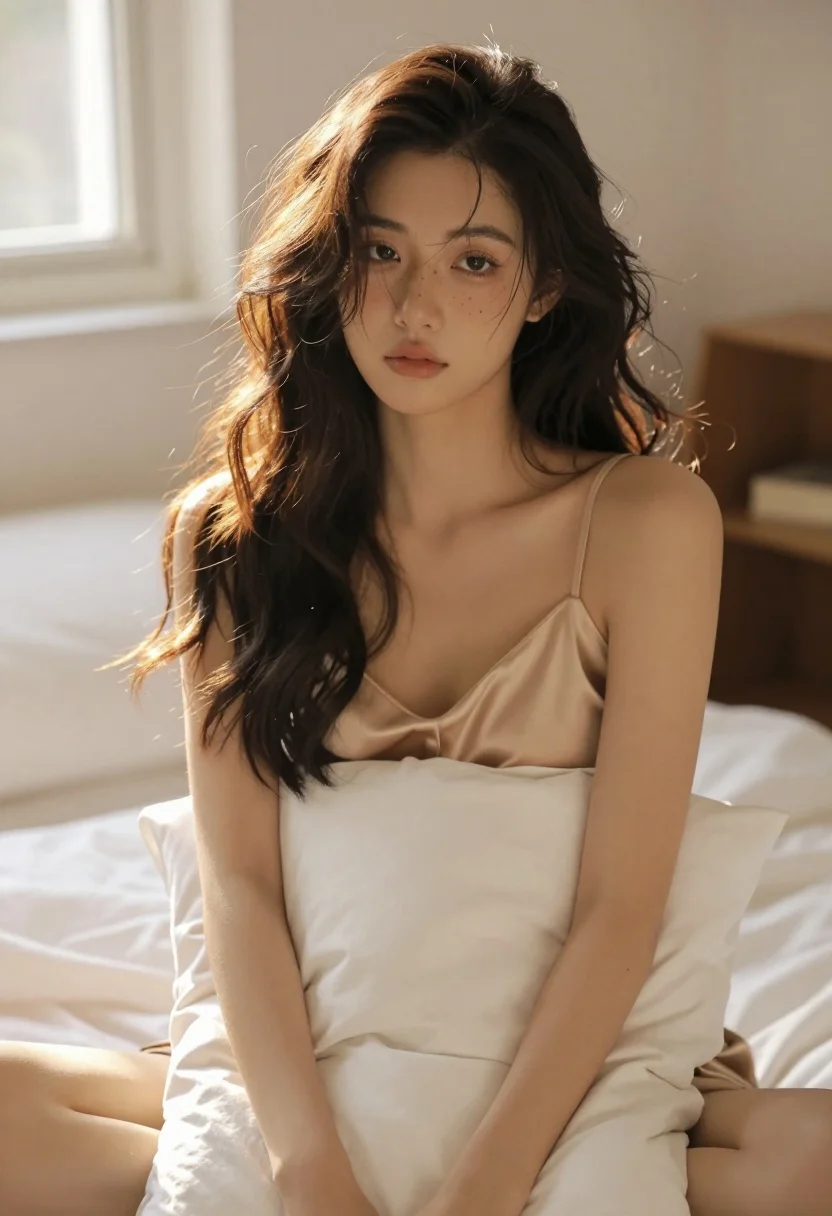 Young woman with long dark wavy hair in a sunlit bedroom holding a white pillow.