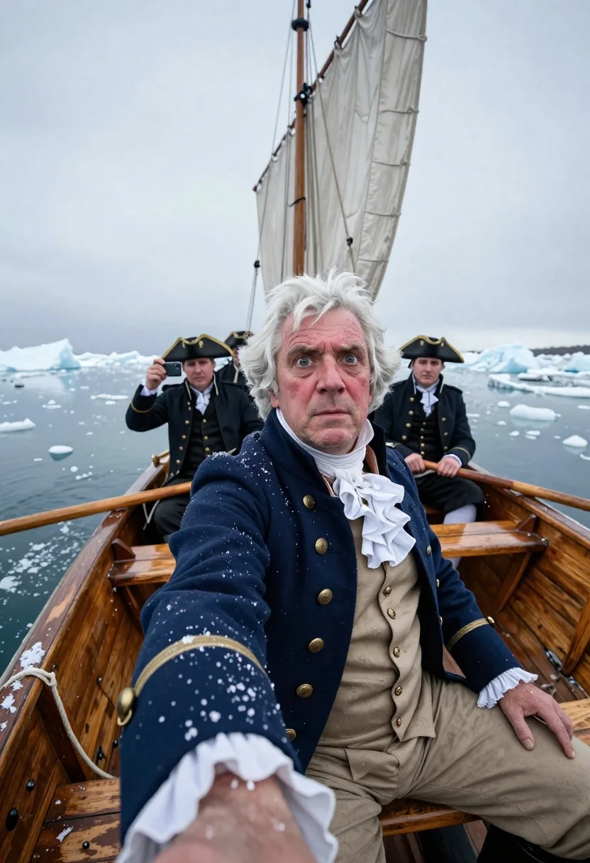 Cinematic Medium-shot Captain 18th-century Navy Coat Taking Selfie Wooden Boat reference photo