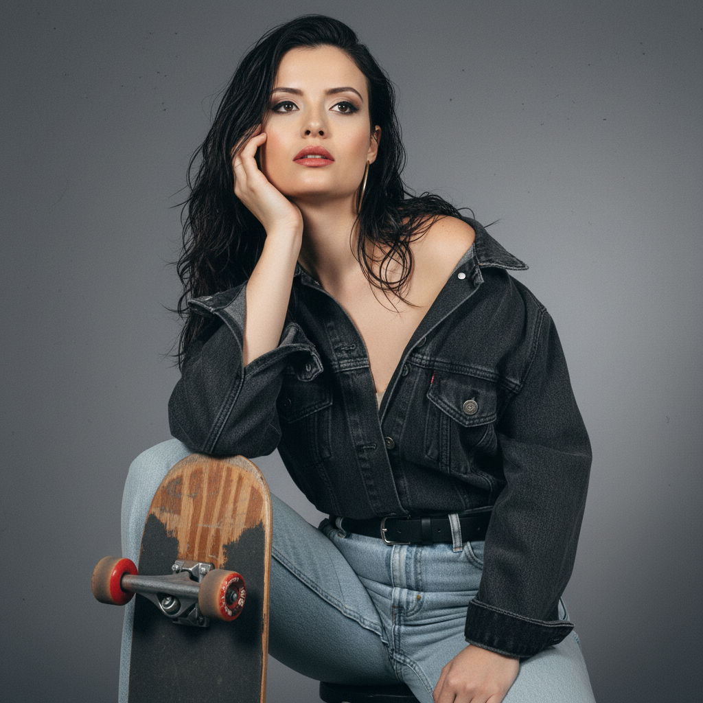 A female figure with a thoughtful pose in a black jacket, holding a skateboard in a minimalist gray studio backdrop, showcasing modern streetwear style.