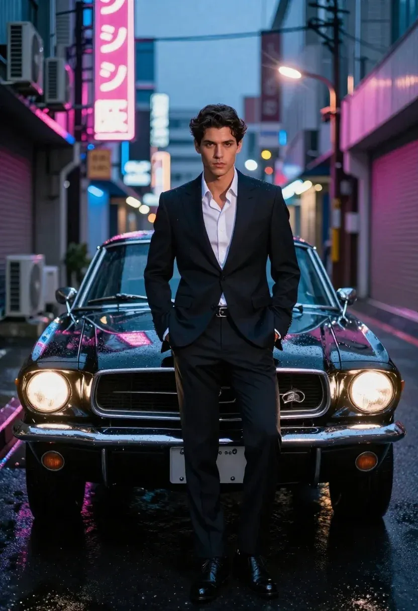 Cinematic Night Scene Featuring Stylish Man Sharp Tailoring Posing Confidently