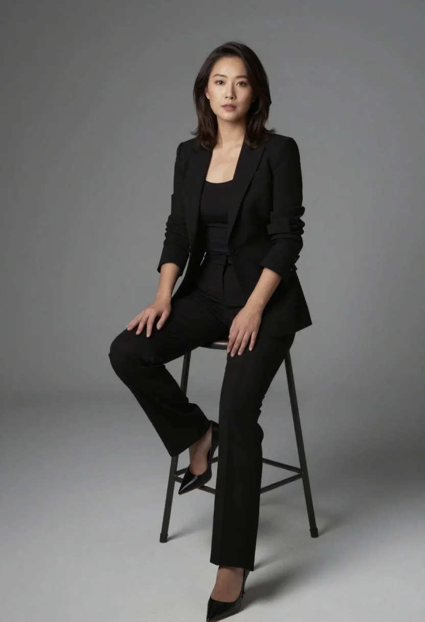 Studio Portrait Woman Professional Attire Seated Against Seamless Neutral Gray reference photo
