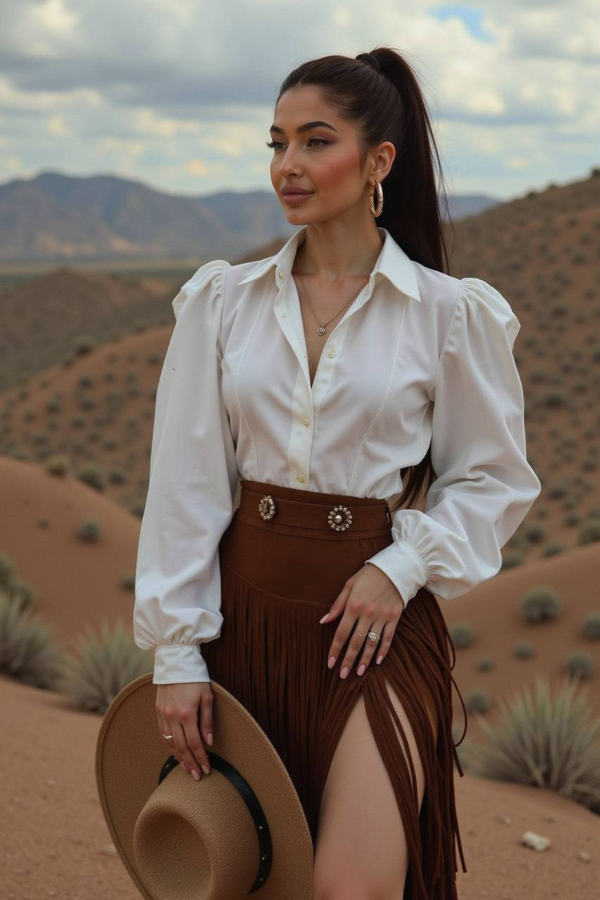 Cinematic fashion portrait of a woman in a structured blouse and cowboy boots, standing on rugged desert hills with a high ponytail.