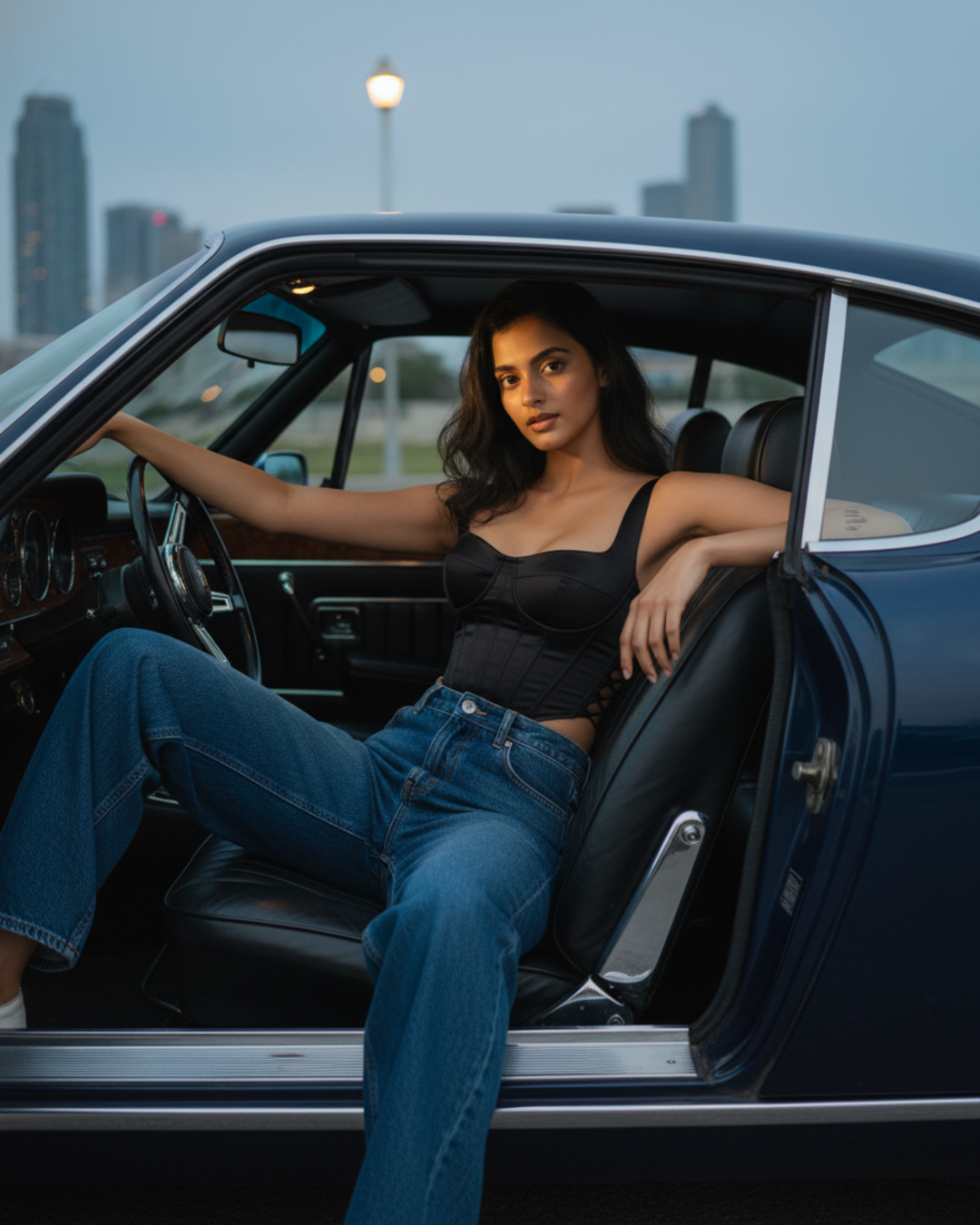 A captivating woman exuding high-fashion charm in a vintage midnight-blue luxury sports car, wearing a black silk corset with a shining sheen and high-waisted indigo jeans.