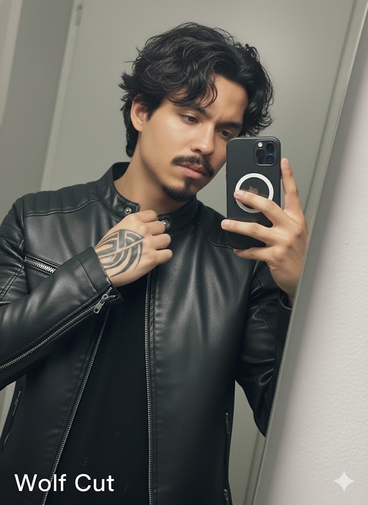 A portrait of a model in a black leather jacket, taking a selfie in front of a mirror with a neutral background.