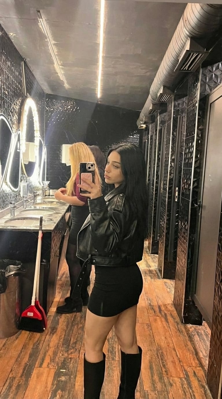 Dimly Lit Restroom Mirror Selfie Black Leather Biker Jacket