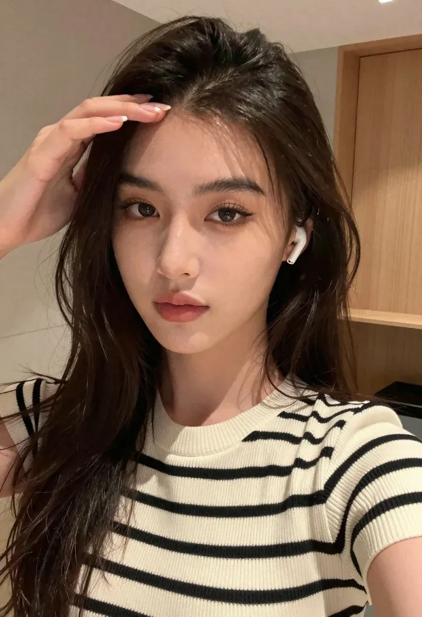 Close-up Selfie Young Woman With Long Dark Hair And Prominent