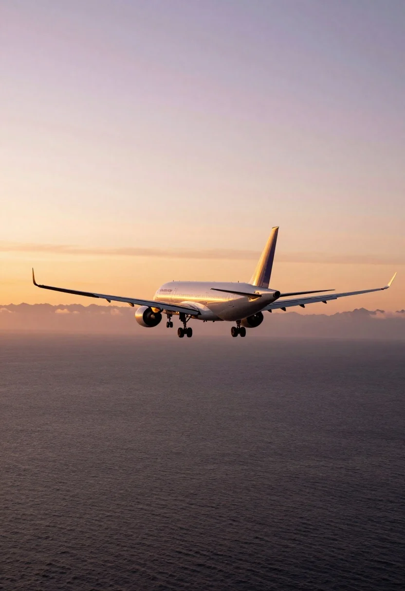 A large commercial airplane captured from a low rear angle flying over a dark ocean at sunset, showcasing its landing gear and engines.